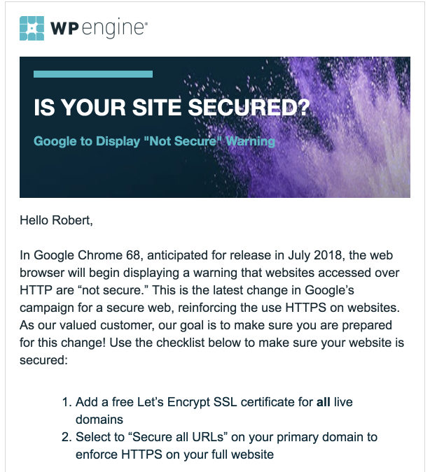 Does your site have HTTPS yet? WP Engine sent this SSL Notice and TLS 1.2 is here, act now!